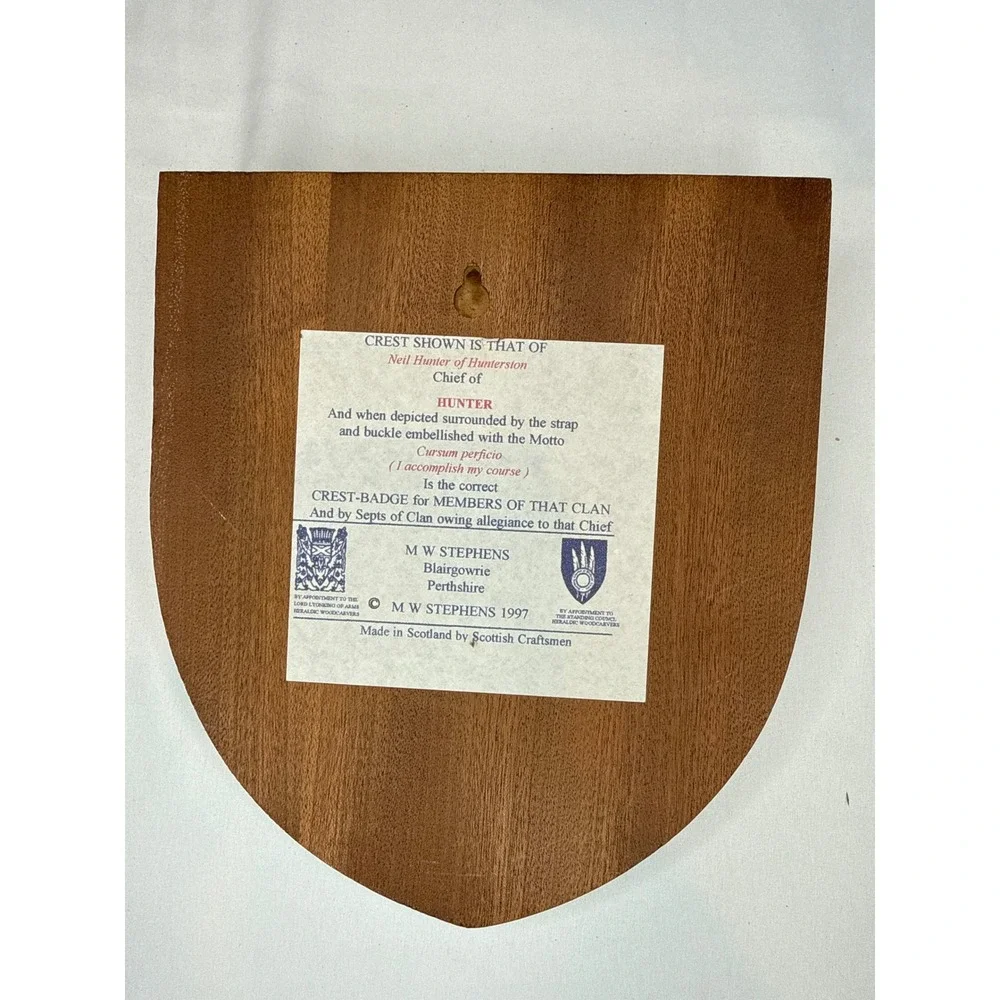 Clan Hunter Scottish Crest Wall Plaque Tartan Wood Shield MW Stephens Scotland